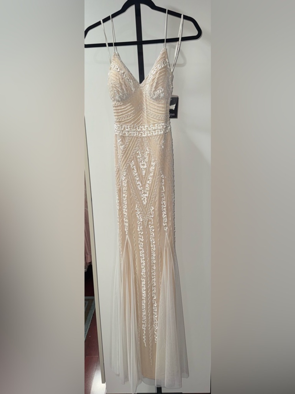 MARINA Beaded Nude Maxi Dress with Spaghetti Straps - Picture 2 of 5